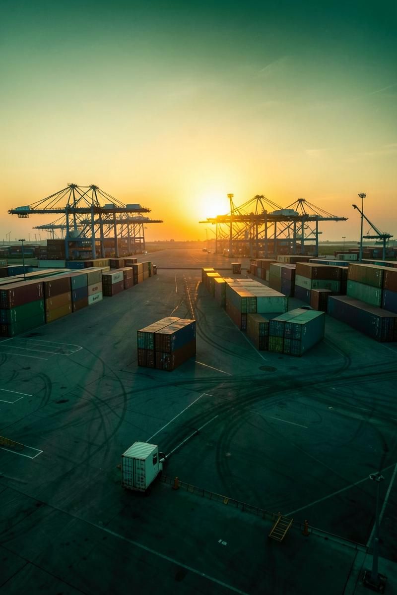 Industrial container terminal in Africa at sunset